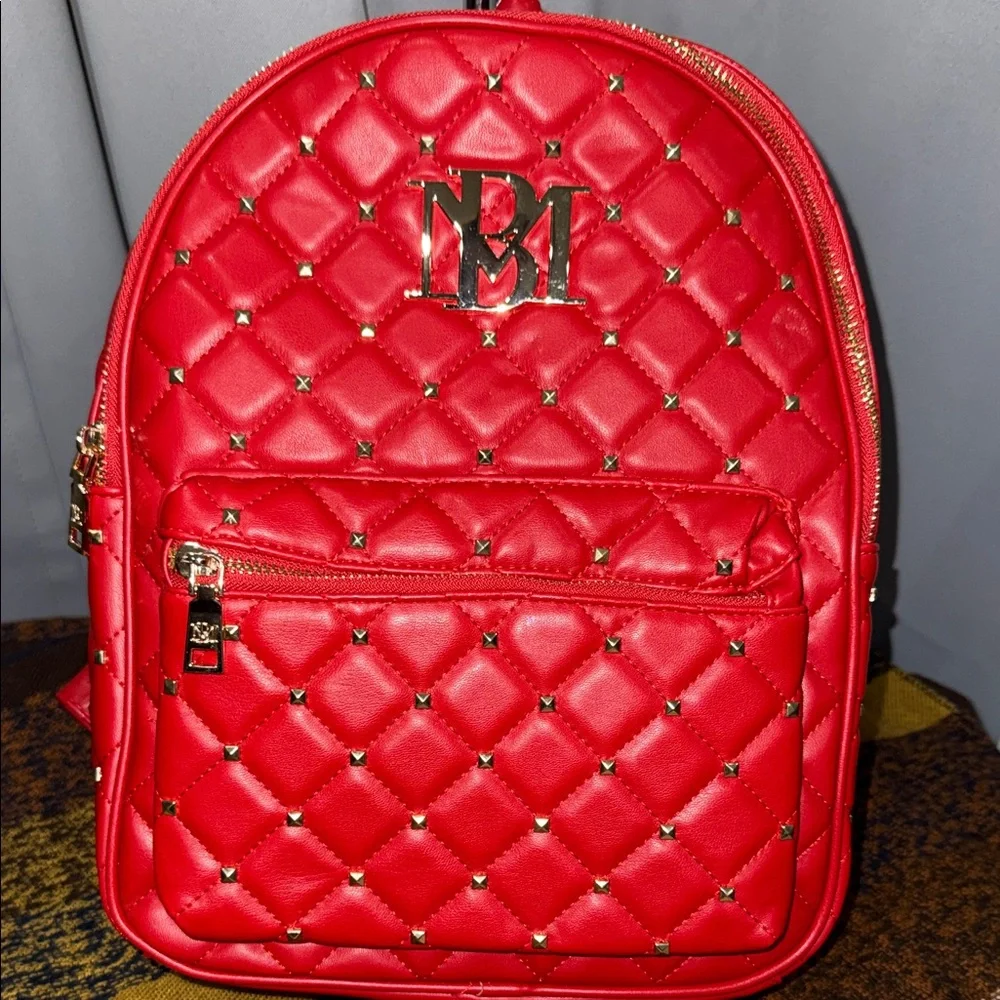 Badgley Mischka Red Quilted Backpack with Gold Accents